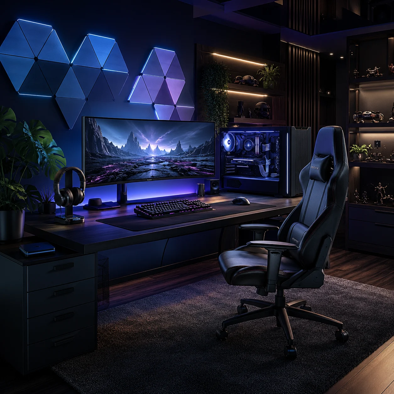 Modern RGB gaming setup with ultrawide monitor and PC build